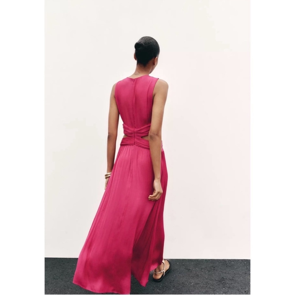 Zara Satin effect cut out sleeveless midi dress fuchsia. S NWT - Picture 4 of 17